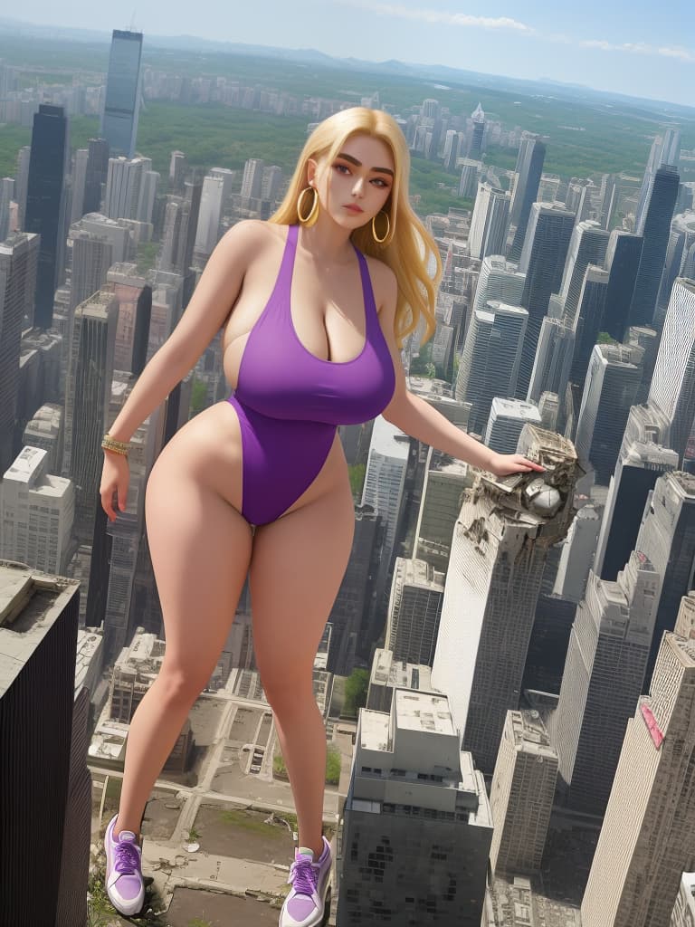  masterpiece, best quality, a giantess with arched eyebrows and a smirk, wearing a purple solid color one piece with high cut legs and side , stands among the destruction of a city. her huge s and wide hips contrast with her sneakers, hoop earrings, and long blonde hair. the cracks on the ground emphasize her mive size as she looks down at the crushed buildings below. the aerial view captures the full body of the in 8k resolution, creating a best quality masterpiece of destruction and power. (photography, dramatic lighting, high resolution camera settings)