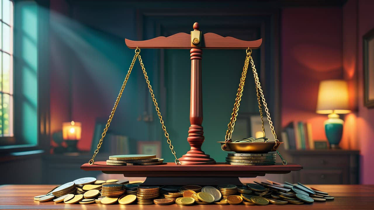  a split image showing a balanced scale: one side filled with colorful categories of spending (needs, wants, savings) and the other side cluttered with bills and coins, symbolizing financial management challenges and benefits. hyperrealistic, full body, detailed clothing, highly detailed, cinematic lighting, stunningly beautiful, intricate, sharp focus, f/1. 8, 85mm, (centered image composition), (professionally color graded), ((bright soft diffused light)), volumetric fog, trending on instagram, trending on tumblr, HDR 4K, 8K