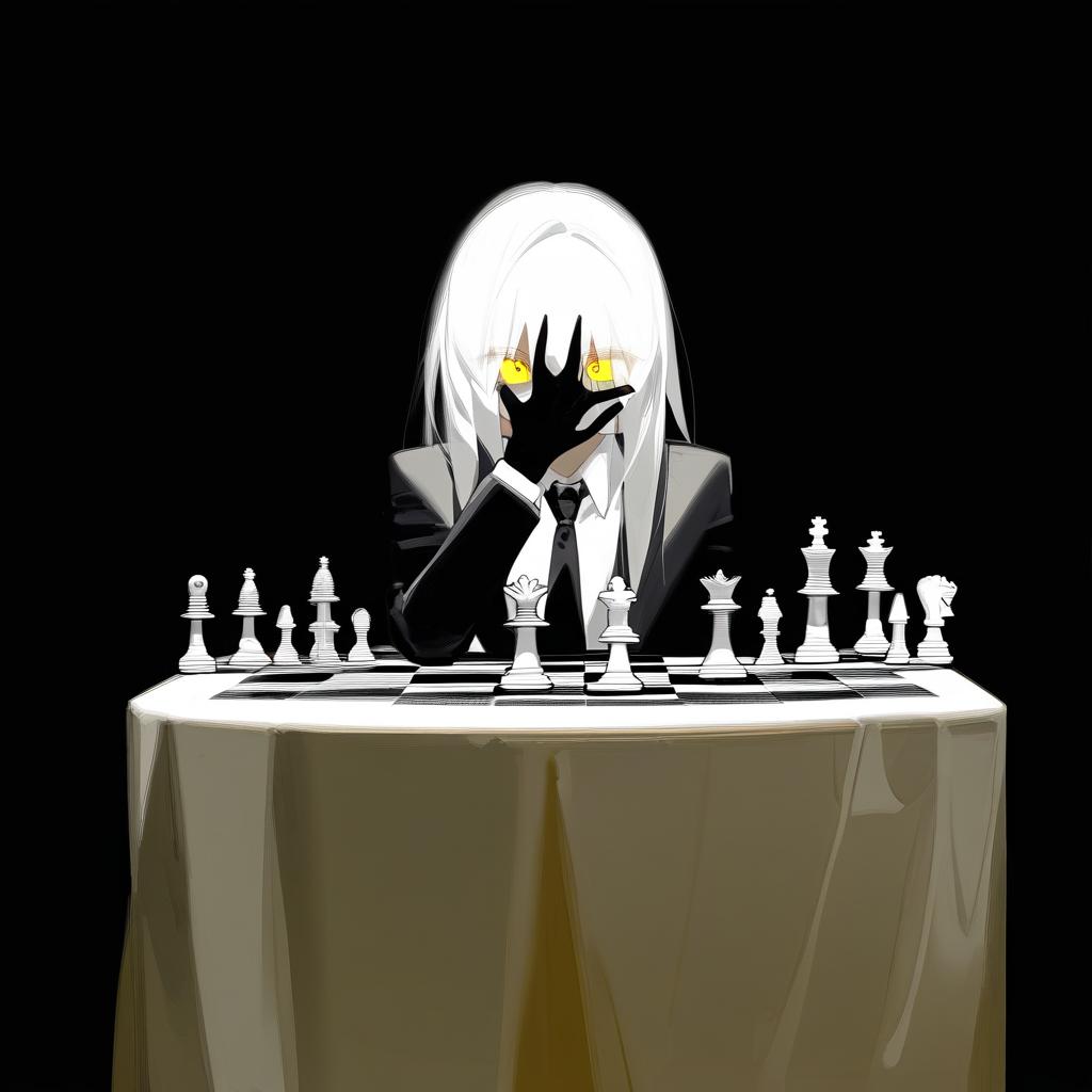  long white hair anime woman with shadows completely concealing face with the exception of evil empty white teeth smile on her face and only a hardly visible singular yellow eye, hand under chin,jet black suit, black tie, sitting in front of a table with a chess set on it, no visible facial features due to blackness covering face full of shadows on face. black all over face, no visible features, just a jet black face with a small gleam of a yellow eye and white teeth . best quality, high resolution