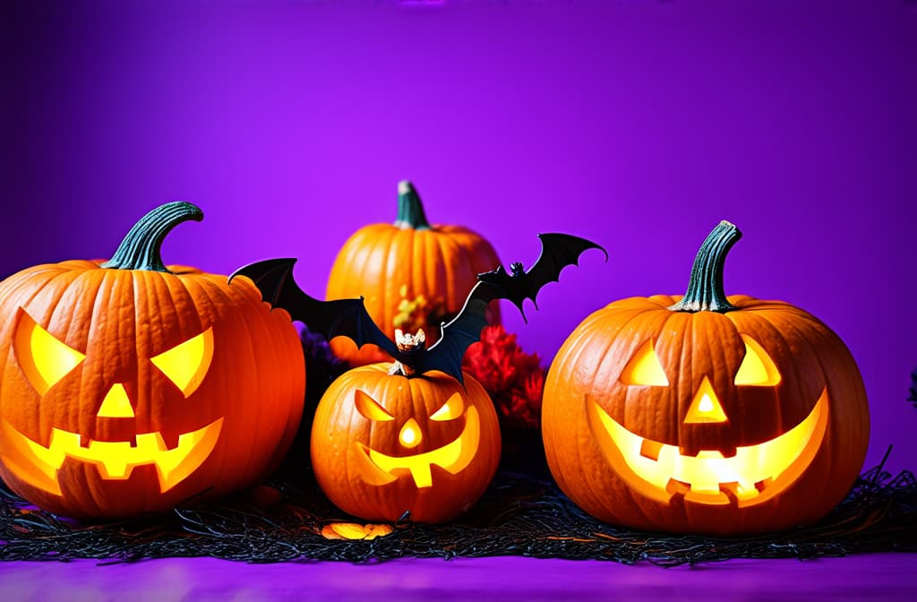  professional detailed photography, carved pumpkins and bats on a vibrant purple backdrop for halloween fun! ar 3:2, (muted colors, dim colors, soothing tones), (vsco:0.3)