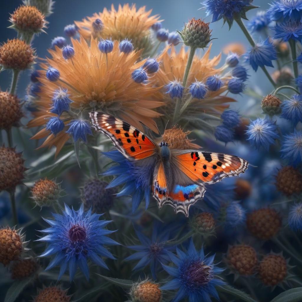  Butterfly "urticaria" on a cornflower hyperrealistic, full body, detailed clothing, highly detailed, cinematic lighting, stunningly beautiful, intricate, sharp focus, f/1. 8, 85mm, (centered image composition), (professionally color graded), ((bright soft diffused light)), volumetric fog, trending on instagram, trending on tumblr, HDR 4K, 8K