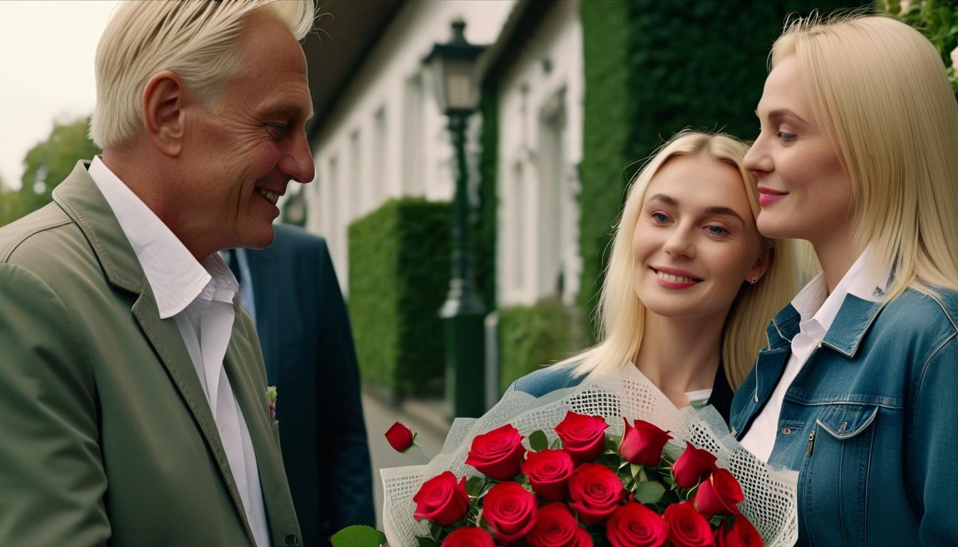  cinematic photo photorealism, high definition portrait, a man aged 50 gives a bouquet of roses to a blonde woman . 35mm photograph, film, bokeh, professional, 4k, highly detailed, perfect hands