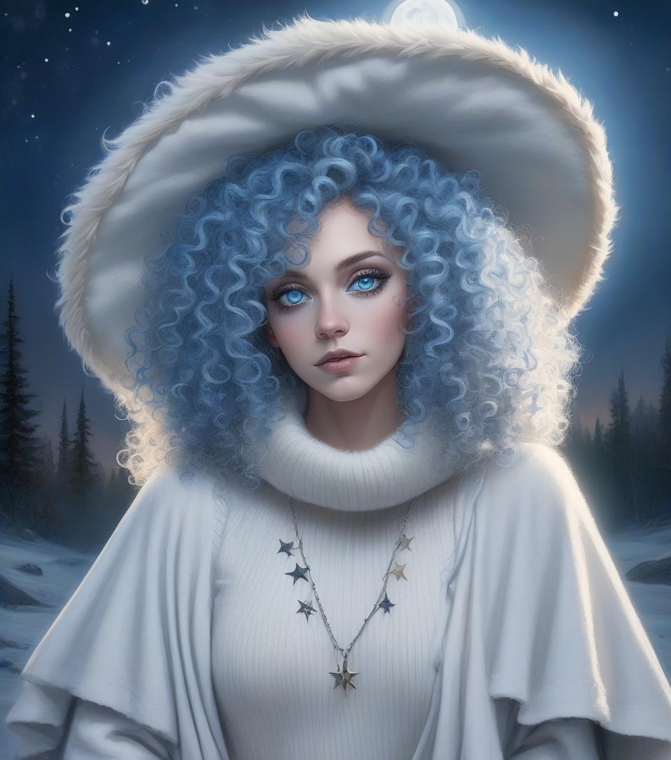  woman with blue curly hair, big white witch hat, white vintage sweater, gray bearskin cape, blue eyes, big full moon in the background, night with stars