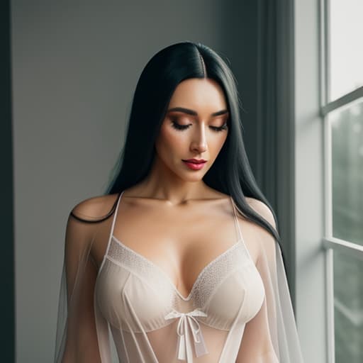  daring beautiful british woman with long black hair wearing a sheer gossamer silk babydoll nightie, sharp focus, depth of field, 8k photo, hdr, professional lighting, taken with canon eos r5, 75mm lens hyperrealistic, full body, detailed clothing, highly detailed, cinematic lighting, stunningly beautiful, intricate, sharp focus, f/1. 8, 85mm, (centered image composition), (professionally color graded), ((bright soft diffused light)), volumetric fog, trending on instagram, trending on tumblr, HDR 4K, 8K