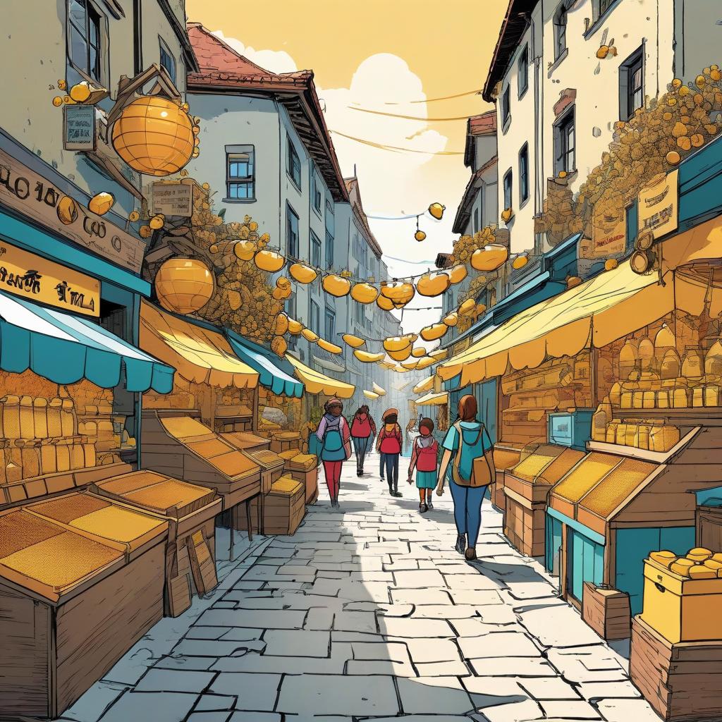  colored comic book image. the street where the honey festival is held. there are many shops that sell honey, happy people walk down the street with children.