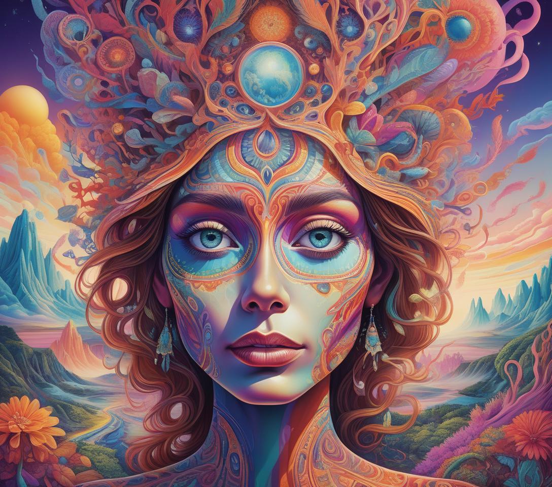  a psychedelic, visionary portrait of a woman with intricate, colorful facial features and patterns, set against a fantastical, surreal landscape with vibrant hues, organic shapes, and a dreamlike, ethereal quality. inspired by the styles of visionary artists, digital art, and psychedelic imagery. highly detailed, photorealistic, and cinematic in execution.