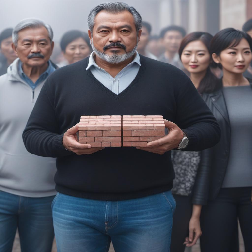  A man with relatives And holds a brick hyperrealistic, full body, detailed clothing, highly detailed, cinematic lighting, stunningly beautiful, intricate, sharp focus, f/1. 8, 85mm, (centered image composition), (professionally color graded), ((bright soft diffused light)), volumetric fog, trending on instagram, trending on tumblr, HDR 4K, 8K