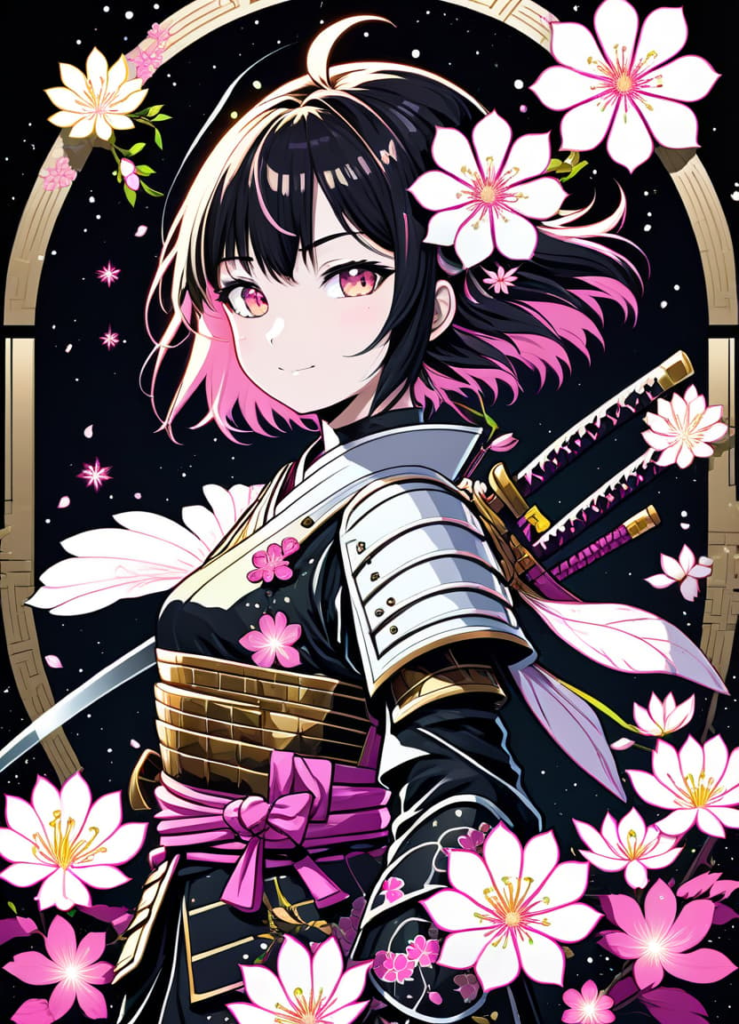  a humorous illustration. bright colors, cartoon style. on the black background, shiny contours outlines of silhouette of a japanese samurai girl in samurai armor, made of japanese sacura flower, (white color japanese sacura flower:1.4), frame with intricate thin ornamentation from comet, stars and cosmic dust: (thin: 1,4) lines ,