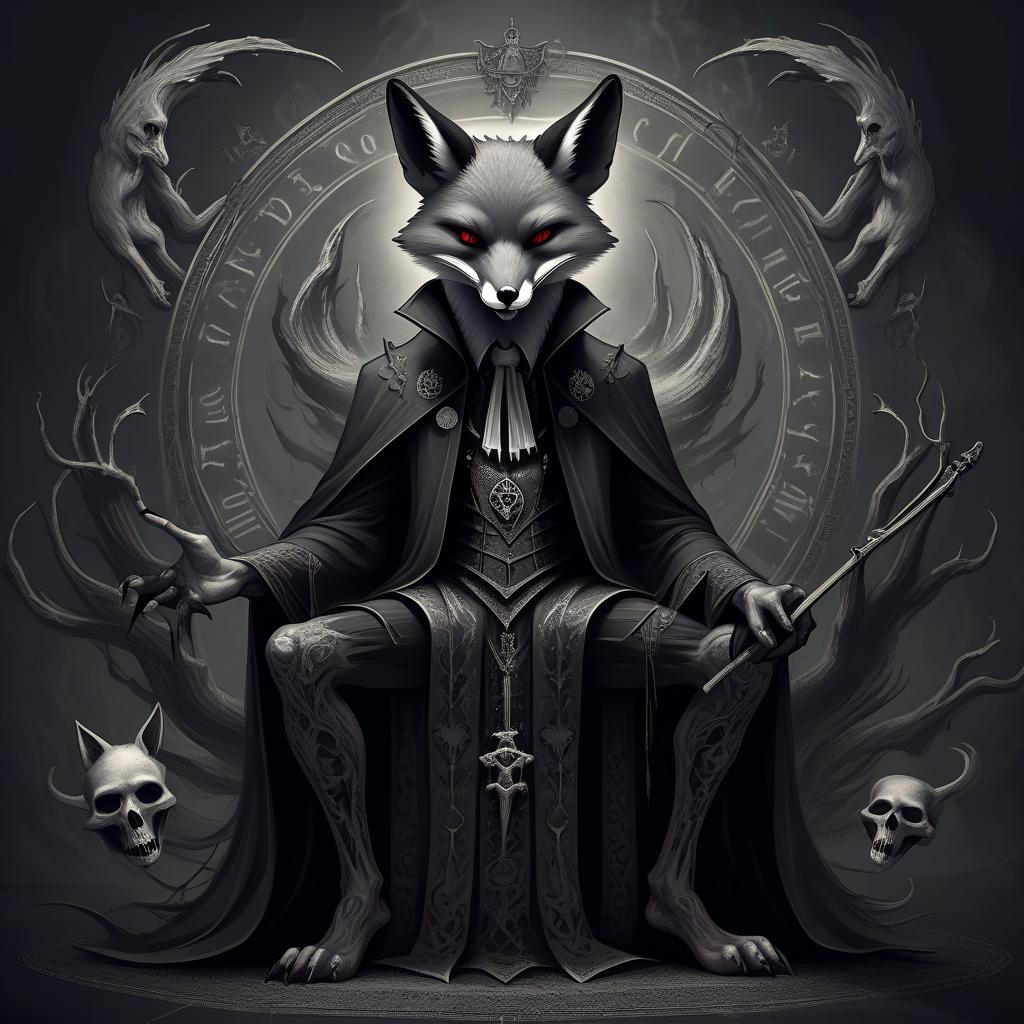  macabre style draw the anthropomorphic fox of the god of death . dark, gothic, grim, haunting, highly detailed