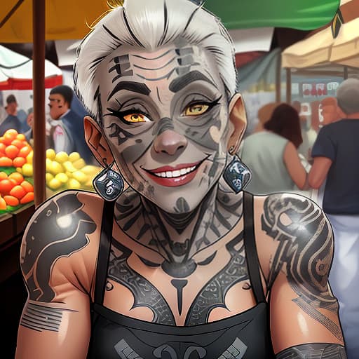   old , goliath, gray skin, tattooed on her face, smiling, market, fantasy