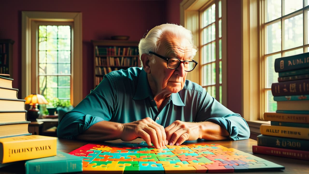  a serene study scene featuring an elderly person intently solving a colorful jigsaw puzzle, surrounded by brain teasers and books, with soft sunlight streaming through a window, creating a warm, inviting atmosphere. hyperrealistic, full body, detailed clothing, highly detailed, cinematic lighting, stunningly beautiful, intricate, sharp focus, f/1. 8, 85mm, (centered image composition), (professionally color graded), ((bright soft diffused light)), volumetric fog, trending on instagram, trending on tumblr, HDR 4K, 8K