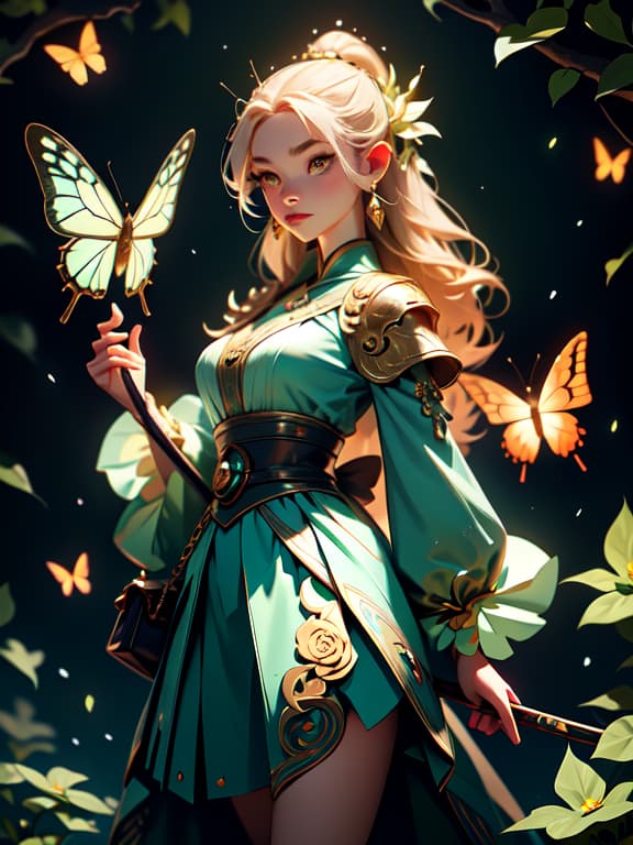  master piece, best quality, ultra detailed, highres, 4k.8k, girl., posing, standing, holding a staff, surrounded by butterflies., serene., break fantasy world, detailed clothing., enchanted forest., staff, butterflies, flowers, lanterns., break magical and serene., soft lighting, glow effects, detailed clothing and accessories, ethereal background., chronomancyai