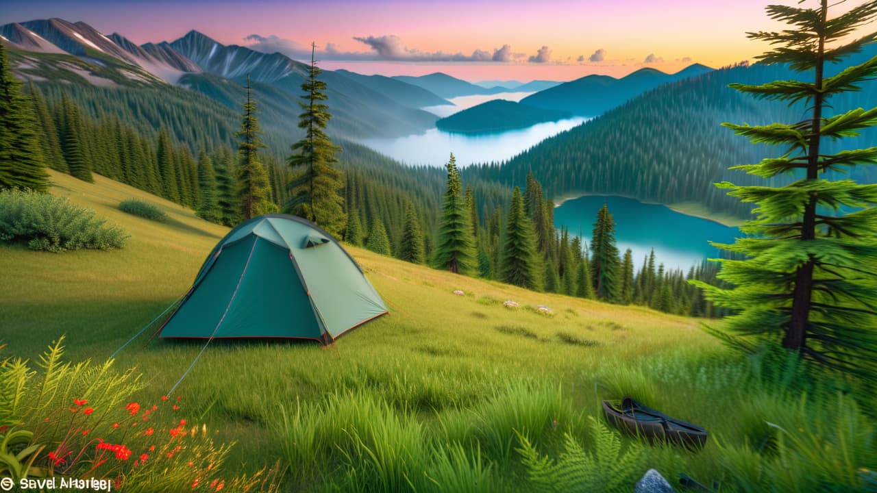  a serene mountain landscape at sunrise, featuring lush green valleys, winding trails, a crystal clear lake, and a cozy tent by the shore, inviting first time backpackers to explore the picturesque wilderness. hyperrealistic, full body, detailed clothing, highly detailed, cinematic lighting, stunningly beautiful, intricate, sharp focus, f/1. 8, 85mm, (centered image composition), (professionally color graded), ((bright soft diffused light)), volumetric fog, trending on instagram, trending on tumblr, HDR 4K, 8K