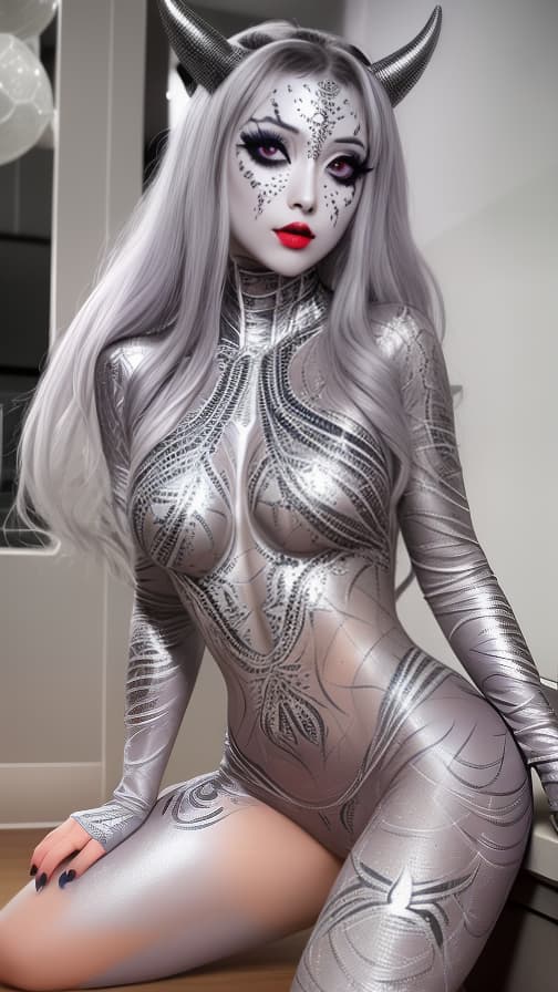  Silver Spider-patterned body paint in every corner of the whole body, full-body, Blark body paint, Silver face paint on the face, succubus 女性