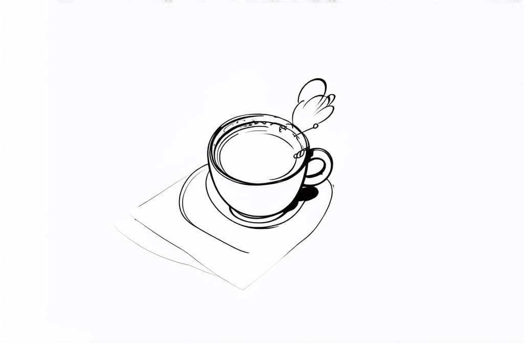  contour, very simple image in one unbroken black ink line, single line of cup of coffee near notepad and pen ar 3:2 using a single continuous black line ink brushon white background, drawing should be created without lifting the pen, recognizable features of cup of coffee near notepad and pen ar 3:2 in one unbroken line