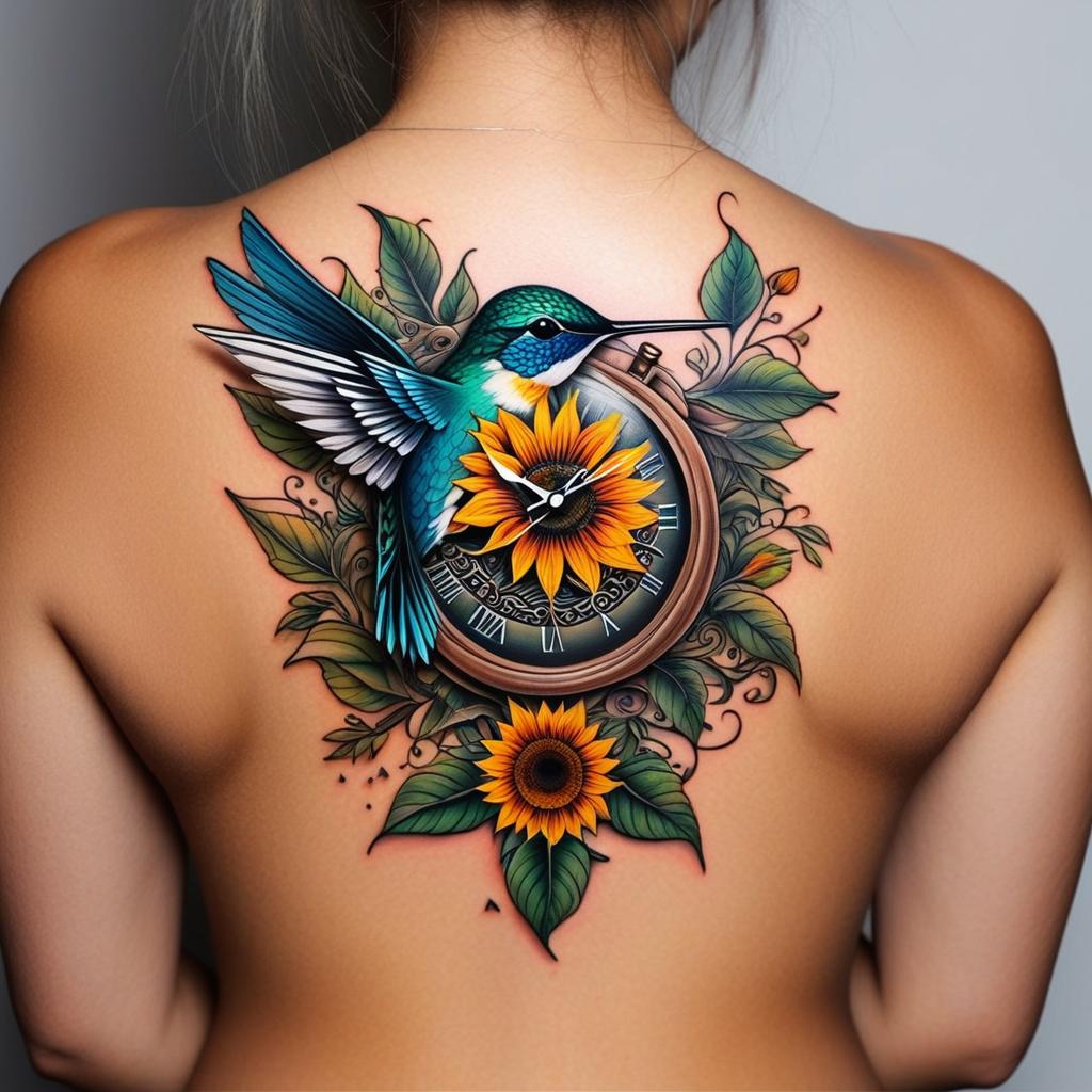  hummingbird, sunflower, redwood, clock, office,(tattoo), (tattoo design on the back of human body)