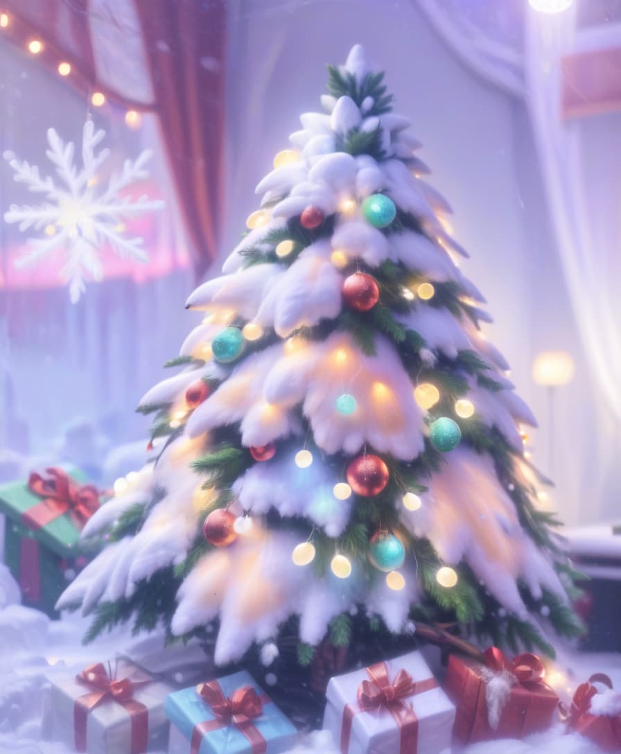  breathtaking christmas tree with a lot of snow on it, christmas tree with garlands anf lights . award winning, professional, highly detailed, civitai