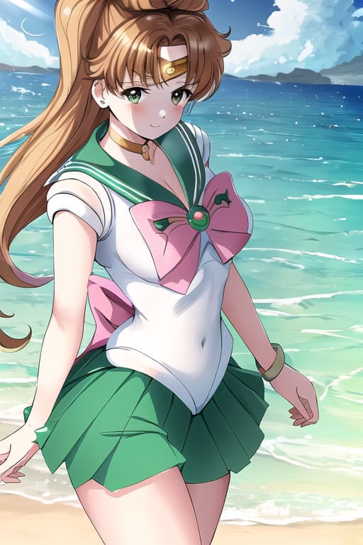  (sailor jupiter:1.3), (masterpiece), (highest quality), (intricate), (high detail),girl at beach, an extremely detailed illustration of a cute beautiful women on the sea beach, detailed water, masterpiece, best quality, high quality, solo