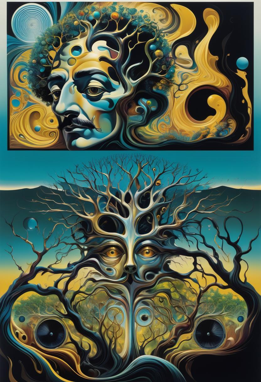  salvador dali inspired psychedelic poster depicting, head, face, eyes open, lens in one eye, back of head turns into branches, psychedelic elements integrating tree of life into surreal, abstract painting, twisted shapes, melting clock, fantasy landscape, vibrant hues, golden ratio composition, ultra fine details, digital painting.