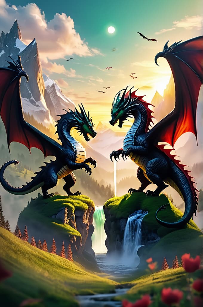  two dragons in love , with huge wings all on some green colors with nature and mountains and sun. one dragon on flight one on land with focus to each other. with some awesome waterfall and sun up the marterhorn, 4k