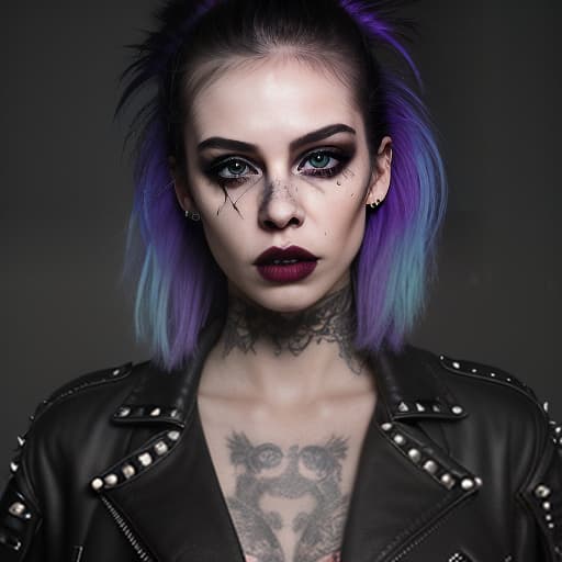  a hyper realistic photo of an extremely beautiful punk rocker girl bold lines, hyper detailed, leather jacket with studs and ripped jeans, her face is pale with pronounced cheekbones . her eyes are outlined with rich black eyeliner, and her lips are covered in dark lipstick with a slightly smudged contour. her disheveled hair is dyed in bright colors, creating a chaotic yet intentional mess. smoke swirls around her, and the lighting casts dramatic shadows, emphasizing her bold and energetic image. the grunge girl demonstrates authenticity, honesty, and independence through her style and self expression, photorealistic, hyperrealistic, hyperdetailed, analog style, hip cocked, demure, low cut, black lace, detailed skin, matte skin, soft light