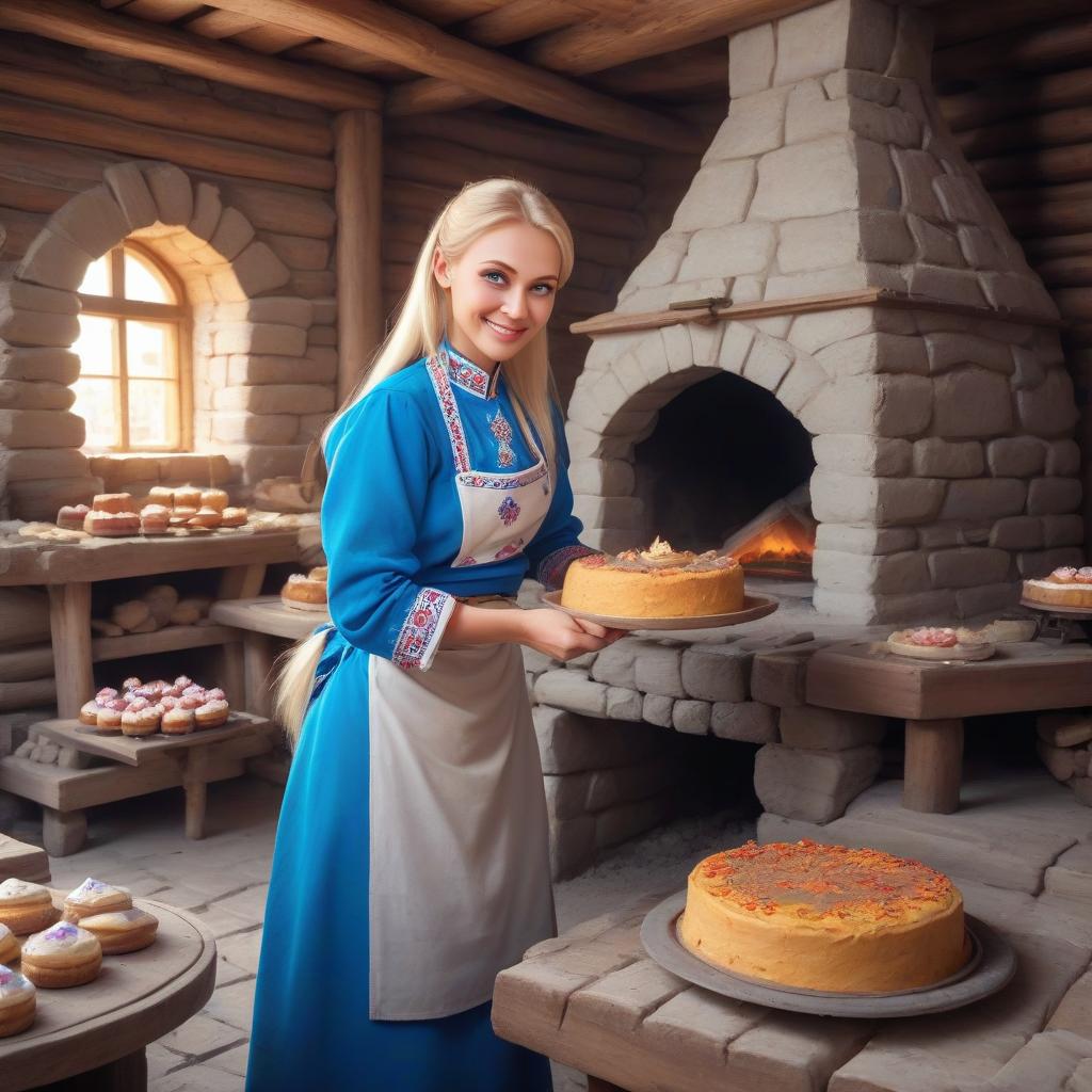  masterpiece, the best quality, a russian woman in traditional clothes prepares cakes in a stone oven, a very light smile, tense, piercing eyes, blue eyes, flowing blond hair, dressed in a traditional russian outfit, cooks in the open air, inside a wooden castle, against the background of an ancient russian throne room in a wooden castle, cartoon style, cute, modernism,