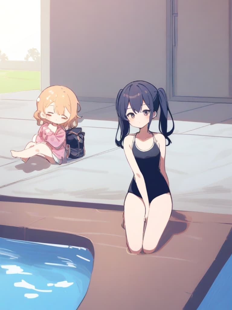  women's elementary students, twin tails, cute smiles, rich s, low stature, dark blue swimwear, old swimwear, swimwear, simple, male, shaped pulp, shaped clear philosophy, shaped clear man, front, front, whole body , poolside,