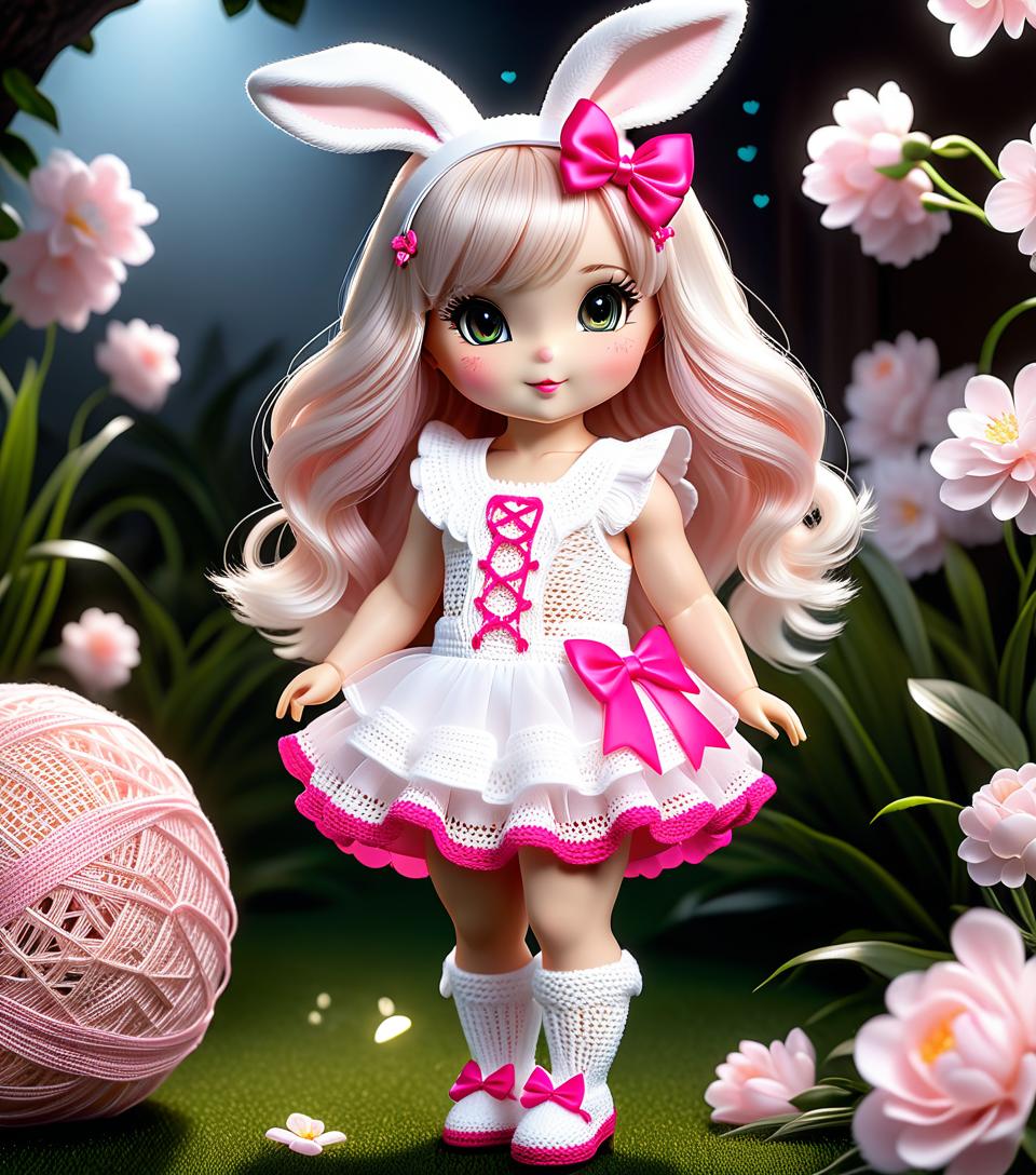  luxury product style a very cute white and pink fluffy bunny, cute cute, with long fluffy floppy ears, with a fashionable elegant crochet headband with a bow, and decorations, standing on two legs, in a crocheted white and pink jumpsuit with ruffles, tulle ruffles, with draperies, with ruffled tulle, with a bow, a peplum, very detailed, dressed in beautiful crocheted shoes with a bow, flying fireflies and neon hearts, glare of light, radiance, fabulously beautiful, tenderness, love, aesthetics, best quality: 1.3, for maximum detail and clarity, professional photo, fotorealism, high resolution, high detail , iso 3200, f/2.8, 16k, uhd, 1/8000sec, 30mm lens, bright light . elegant, sophisticated, high end, luxurious, professional, highly detai hyperrealistic, full body, detailed clothing, highly detailed, cinematic lighting, stunningly beautiful, intricate, sharp focus, f/1. 8, 85mm, (centered image composition), (professionally color graded), ((bright soft diffused light)), volumetric fog, trending on instagram, trending on tumblr, HDR 4K, 8K