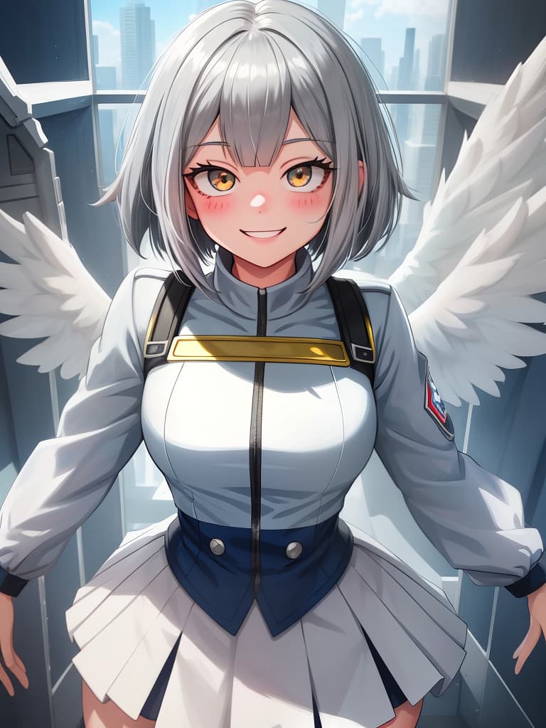  my hero academia, gray hair bob, transparency, girl, smiling, cute, angel, pc, masterpiece, best quality,8k,ultra detailed,high resolution,an extremely delicate and beautiful,hyper detail