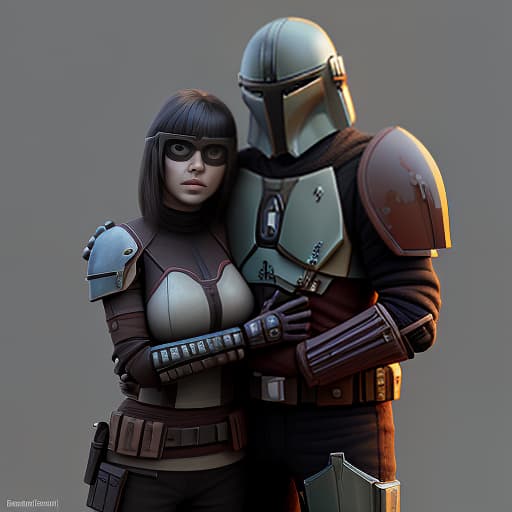  a mandalorian man and a girl stand next to him, hugging., (3d render:1.25), realistic, dark, epic, (detailed:1.22), textured