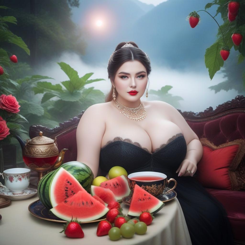  Russia A fat woman is sitting and drinking tea from a cup There is a watermelon and fruits on the table There is a cat nearby hyperrealistic, full body, detailed clothing, highly detailed, cinematic lighting, stunningly beautiful, intricate, sharp focus, f/1. 8, 85mm, (centered image composition), (professionally color graded), ((bright soft diffused light)), volumetric fog, trending on instagram, trending on tumblr, HDR 4K, 8K