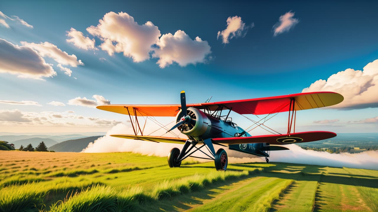  a vintage biplane soaring above a picturesque landscape, flanked by early aviators in period clothing, wooden gliders resting on a grassy field, and a backdrop of a clear blue sky dotted with fluffy white clouds. hyperrealistic, full body, detailed clothing, highly detailed, cinematic lighting, stunningly beautiful, intricate, sharp focus, f/1. 8, 85mm, (centered image composition), (professionally color graded), ((bright soft diffused light)), volumetric fog, trending on instagram, trending on tumblr, HDR 4K, 8K