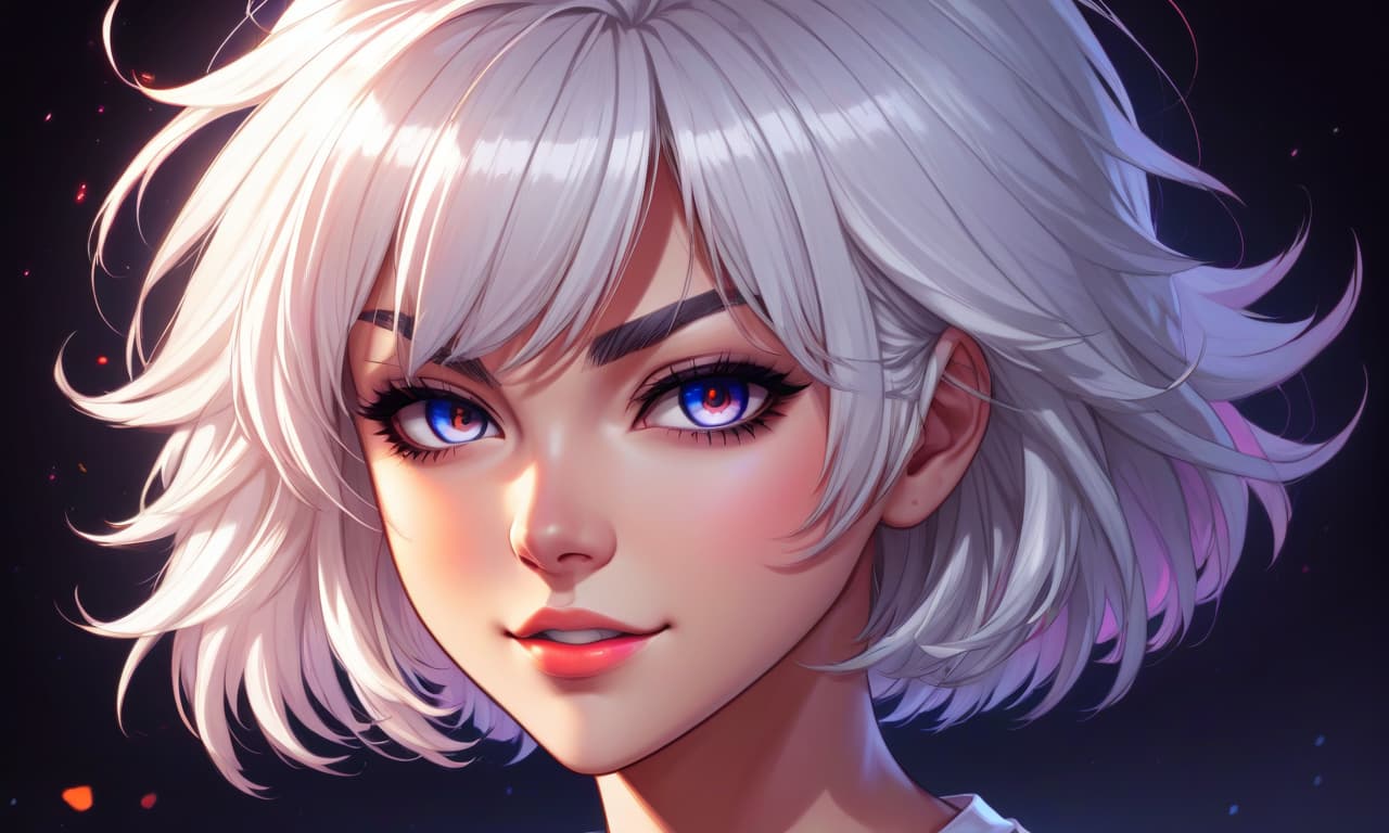  retro game art portrait , beautiful anime girl, with white hair, beautiful eyes, tight t shirt , short haircut , dark background . 16 bit, vibrant colors, pixelated, nostalgic, charming, fun