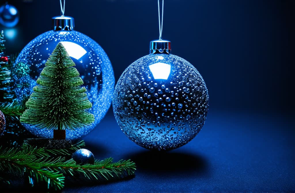  professional detailed photography, christmas background with crystal balls christmas trees hanging inside them. a christmas theme with christmas stars and gift box on dark blue background. christmas web banner design or greeting card ar 3:2, (muted colors, dim colors, soothing tones), (vsco:0.3)