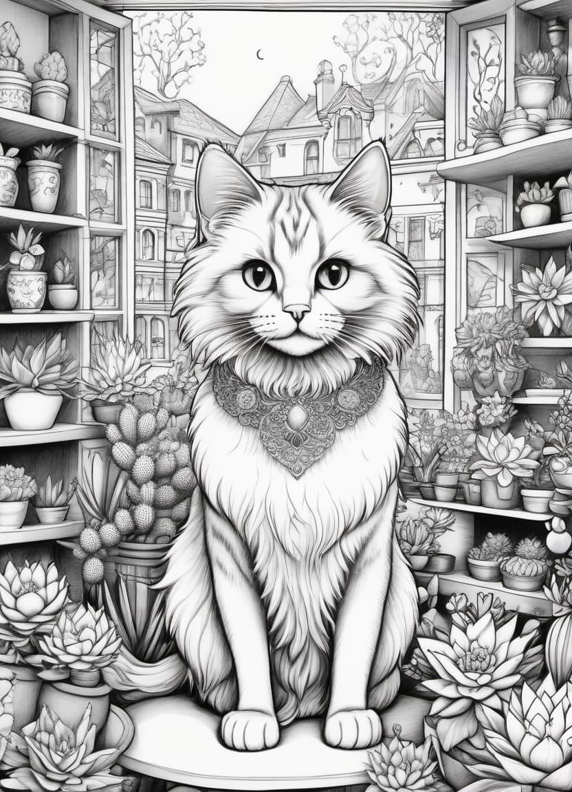  fairy tale image in (colouring style: 1,3), sticker, sticker. created with black lines on white background:: zentangle patterns, doodle. background: (cosy flower shop. shop windows. seller's counter. flowering cacti of different kinds). beautiful anthropomorphic fluffy cat in the national dress of indians of north america sells flowers cactus. drawing with thin black marker on white background. elements of colour. good detail, good drawing, cartoon style, clear outlines, appealing. stylistics: mysticism, fairy tale, sci fi. in the manner of surrealist artists: vladimir pronkin, chris rignac, greg craola simkins. . magical, fantastical, enchanting, storybook style, highly detailed