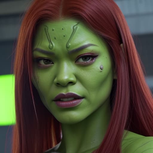  (Jennie Kim:1) a close up of a woman with red hair and green makeup, gamora, zendaya as she-hulk, zoe saldana, green skinned, in avengers movie, still from marvel movie, beautiful android woman, from guardians of the galaxy, marvel movie still, beautiful crying! android woman, she - hulk, skin painted with green, from a marvel movie, green skin