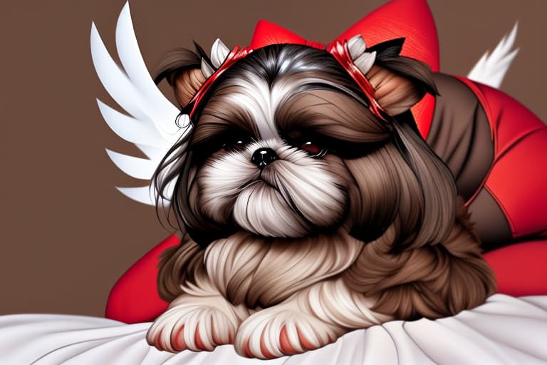  Shih tzu , all brown , superhero , dog , devil horns , angel wings