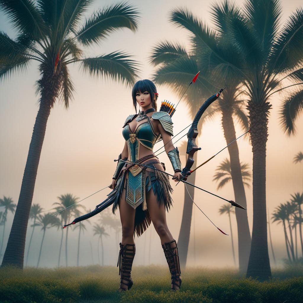  palm tree archery, ((anime)) hyperrealistic, full body, detailed clothing, highly detailed, cinematic lighting, stunningly beautiful, intricate, sharp focus, f/1. 8, 85mm, (centered image composition), (professionally color graded), ((bright soft diffused light)), volumetric fog, trending on instagram, trending on tumblr, HDR 4K, 8K