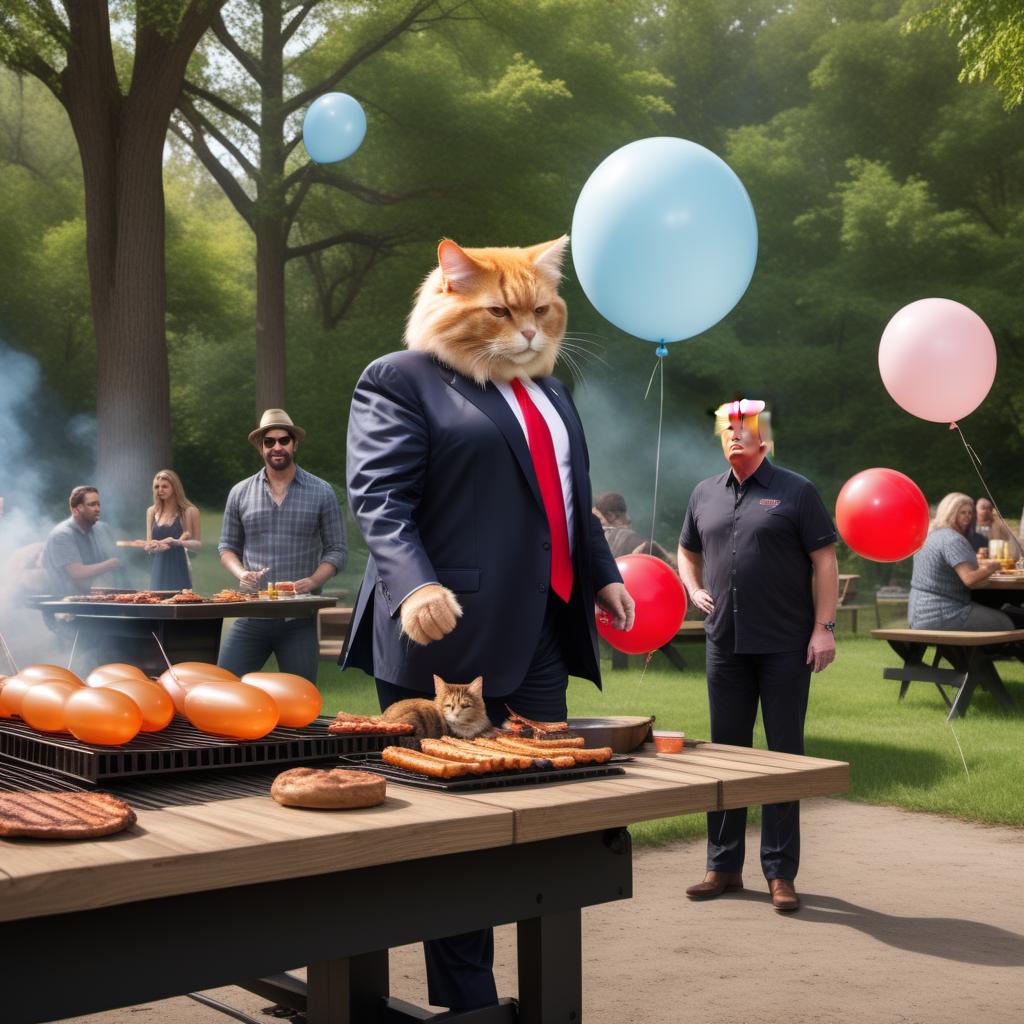  Donald Trump as a fat cat on a BBQ spit from a different angle. The scene includes a large, plump orange cat with a recognizable Trump hairstyle and facial expression, slowly rotating on a BBQ spit over a fire. The new angle should show the cat from the side, highlighting the BBQ spit and flames more prominently. The background includes a festive outdoor BBQ setting with people in the background appearing surprised and amused, picnic tables, balloons, and a sunny park setting. hyperrealistic, full body, detailed clothing, highly detailed, cinematic lighting, stunningly beautiful, intricate, sharp focus, f/1. 8, 85mm, (centered image composition), (professionally color graded), ((bright soft diffused light)), volumetric fog, trending on instagram, trending on tumblr, HDR 4K, 8K