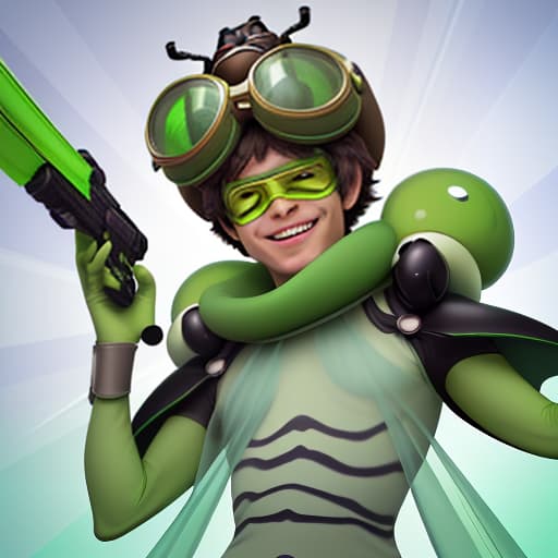  cute cartoon insect beetle character with a green body, big expressive eyes and a smile on his lips. on his head he has a huge brown helmet with goggles, giving him an adventurous look. the insect beetle stands confidently holding a blaster, he has graceful wings and long tendrils. the background is simple and bright inside the starship to emphasize the charm of the funny character with the weapon.