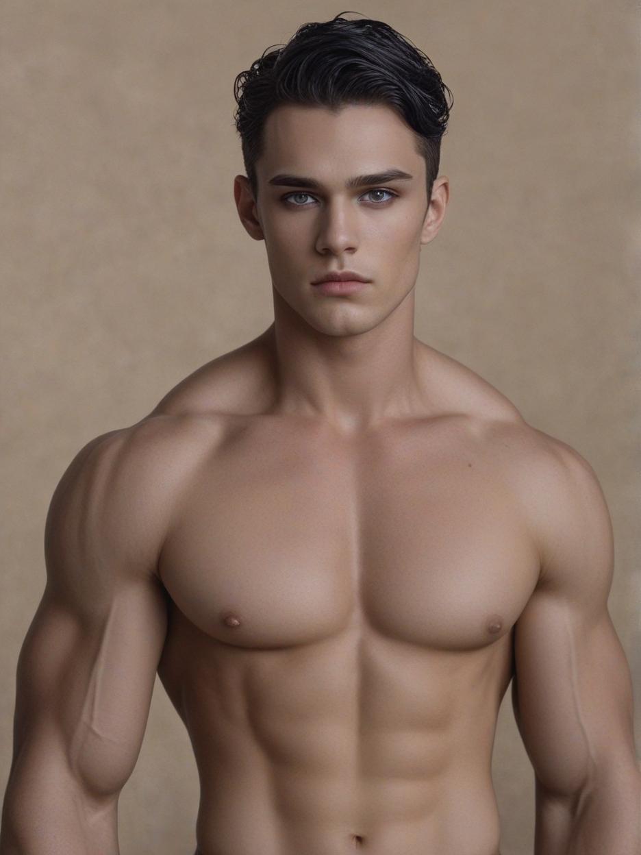  create beautiful male high fae rhysand. he has model like bone structure, high cheekbones, pointed ears, violet eyes that are slightly upturned, a low dark brow, full lips, thick black hair that is shorter on the sides and longer on the top. he is very muscled and dark tan