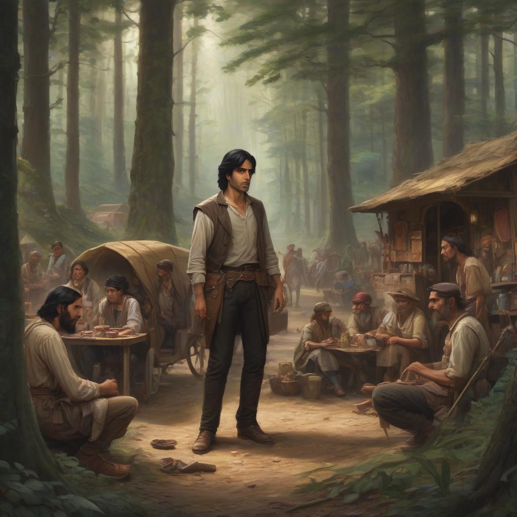  draw in a medium sized style this scene where a black haired guy with brown eyes meets a small caravan of merchants on one of the forest tracts