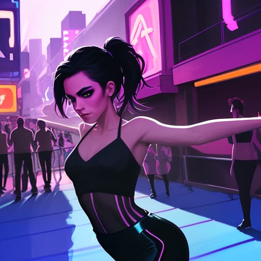  a climbing over a fence in a modern city during twilight, dressed in fashionable party clothes. her hair is styled in a trendy id or a sleek ponytail. in the background, neon signs and lights illuminate the way to a distant nightclub, where the beats of modern dance music can be felt. the scene is filled with energy, youth, and freedom. the style should resemble modern dance track covers: bright colors, high contrast shadows, and gradient effects to evoke a sense of motion and rhythm. sketch of a flat oil painting, watercolor