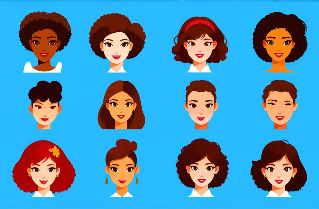  flat illustration, flaticon, (illustration:1.15), different beauty. set of different female heads. different races and nationalities. ar 3:2, [cory loftis, strobist, pascal campion :: 0.2]