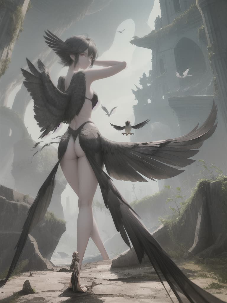  Collapsed old castle, (Harpy, Wing Shaped Arms, Bird's Legs), ((Bare Hip, Bird's Tail)), GLOWING EYES, Looking Back, Rooking Back, Arashi, 💩, 💩, 💩, 💩, 💩,, masterpiece, best quality,8k,ultra detailed,high resolution,an extremely delicate and beautiful,hyper detail