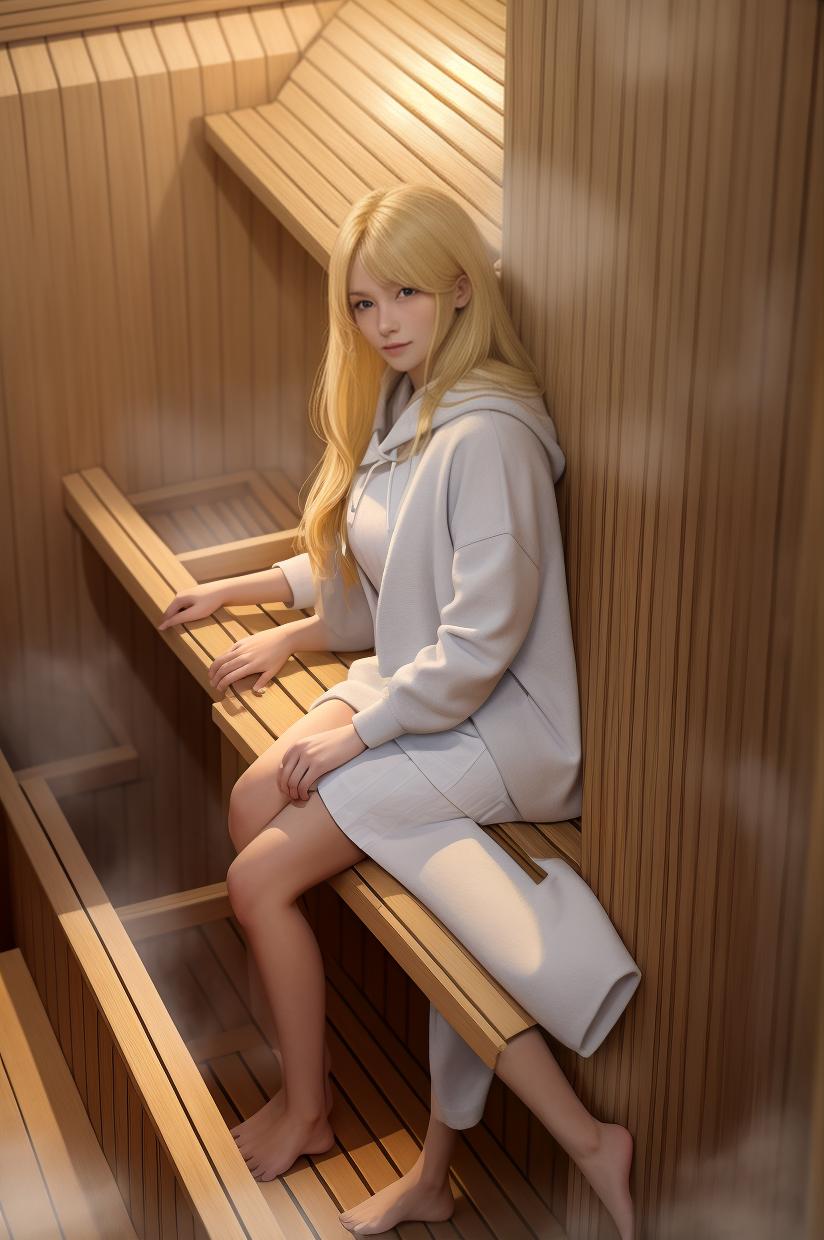  masterpiece, best quality, blonde hair, woman, in sauna, full body shot,