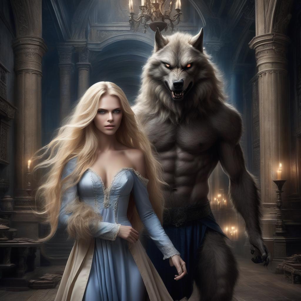  a beautiful blonde with long hair and blue eyes. in the arms of a monster: a huge male werewolf with wolf features, with wolf hair. against the background of an ancient interior, hkmagic