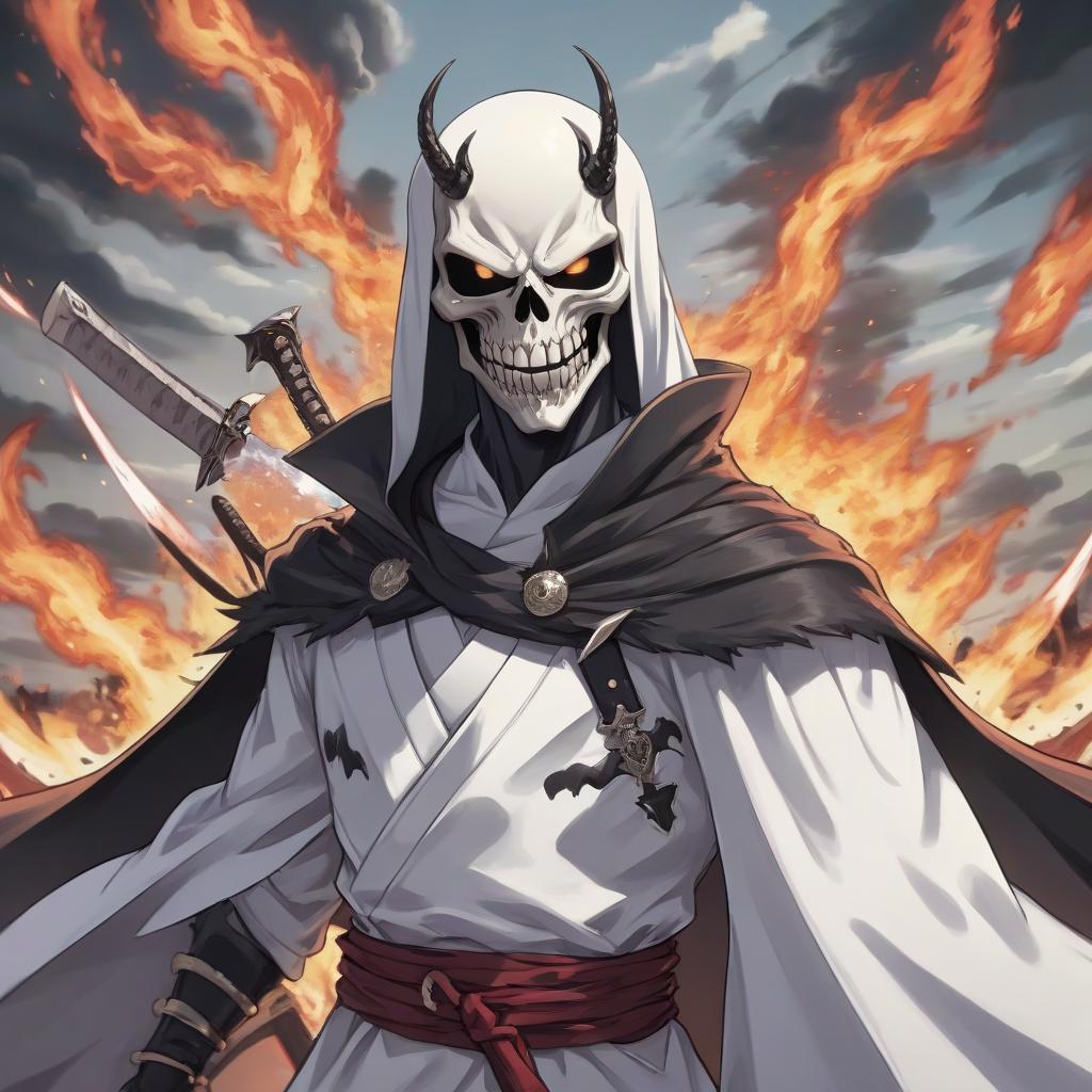  a close up of a person with a sword, ainz ooal gown, white man with black fabric mask, evil energy, man in white t shirt, demon samurai warrior, jormungand anime, monstrous mask, wearing cloak on blasted plain, ghost rider, anime picture, wearing white suit