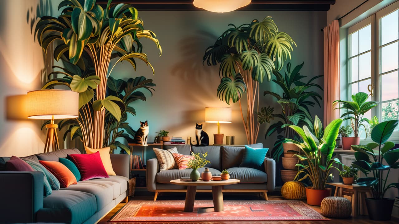  a cozy living room scene featuring a variety of affordable cat trees, showcasing colorful fabrics, multiple levels, scratching posts, and plush resting areas, with playful cats happily exploring and lounging amidst houseplants and soft lighting. hyperrealistic, full body, detailed clothing, highly detailed, cinematic lighting, stunningly beautiful, intricate, sharp focus, f/1. 8, 85mm, (centered image composition), (professionally color graded), ((bright soft diffused light)), volumetric fog, trending on instagram, trending on tumblr, HDR 4K, 8K