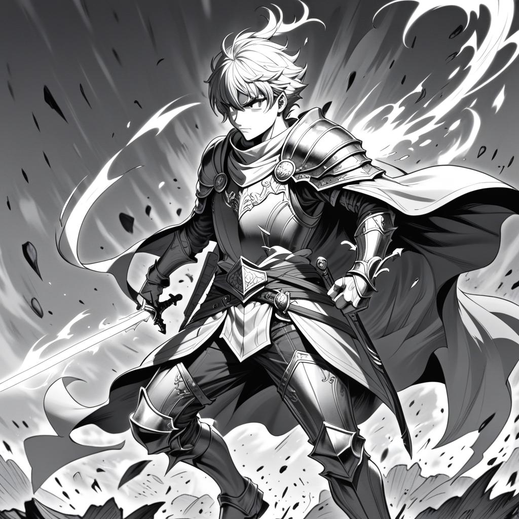  manga artwork fantasy, greyscale monochrome, manga materials, knight fighting mage, fullsize body view, legs. manga artist. manga, highly emotional. best quality, high resolution